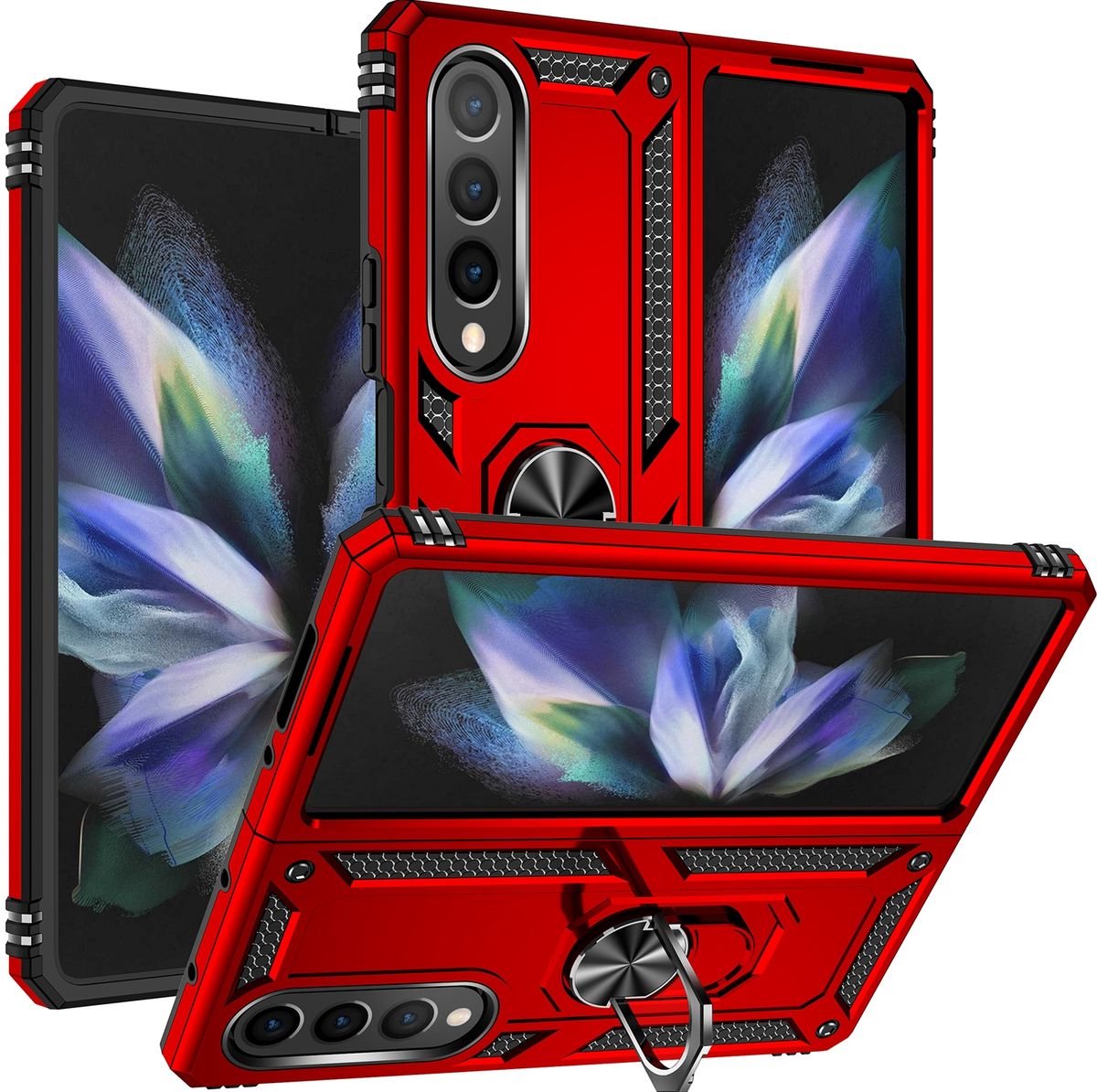 Mobigear Hoesje geschikt voor Samsung Galaxy Z Fold 4 Telefoonhoesje Hardcase | Mobigear Armor Ring Backcover Shockproof met Ringhouder | Schokbestendig Galaxy Z Fold 4 Telefoonhoesje | Anti Shock Proof - Rood
