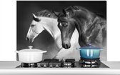 Spatscherm keuken 100x65 cm - Kookplaat achterwand Paarden - Dieren - Zwart - Wit - Portret - Muurbeschermer - Spatwand fornuis - Hoogwaardig aluminium
