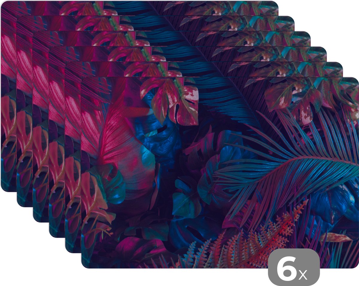 Placemat kinderen - Placemat - Placemats kunststof - Jungle - Bladeren - Blauw - Roze - Jongetjes - Meisjes - Kind - 45x30 cm - 6 stuks - Hittebestendig - Anti-Slip - Onderlegger - Afneembaar