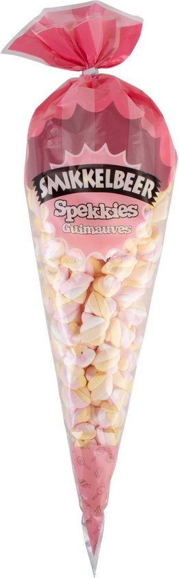 Een roze puntzak gevuld met pastelkleurige marshmallows met de tekst 'Smikkelbeer Spekkies Glimmerkes'.