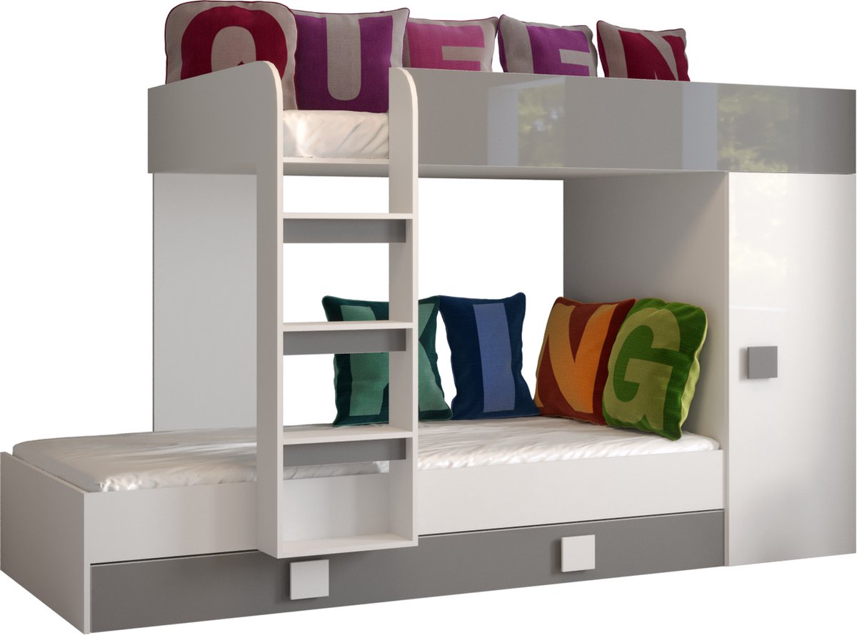 Stapelbed LEDO 2 - Antresola - 90X200 cm - naar de Kinderkamer - Wit + Grijs (zonder Matras)