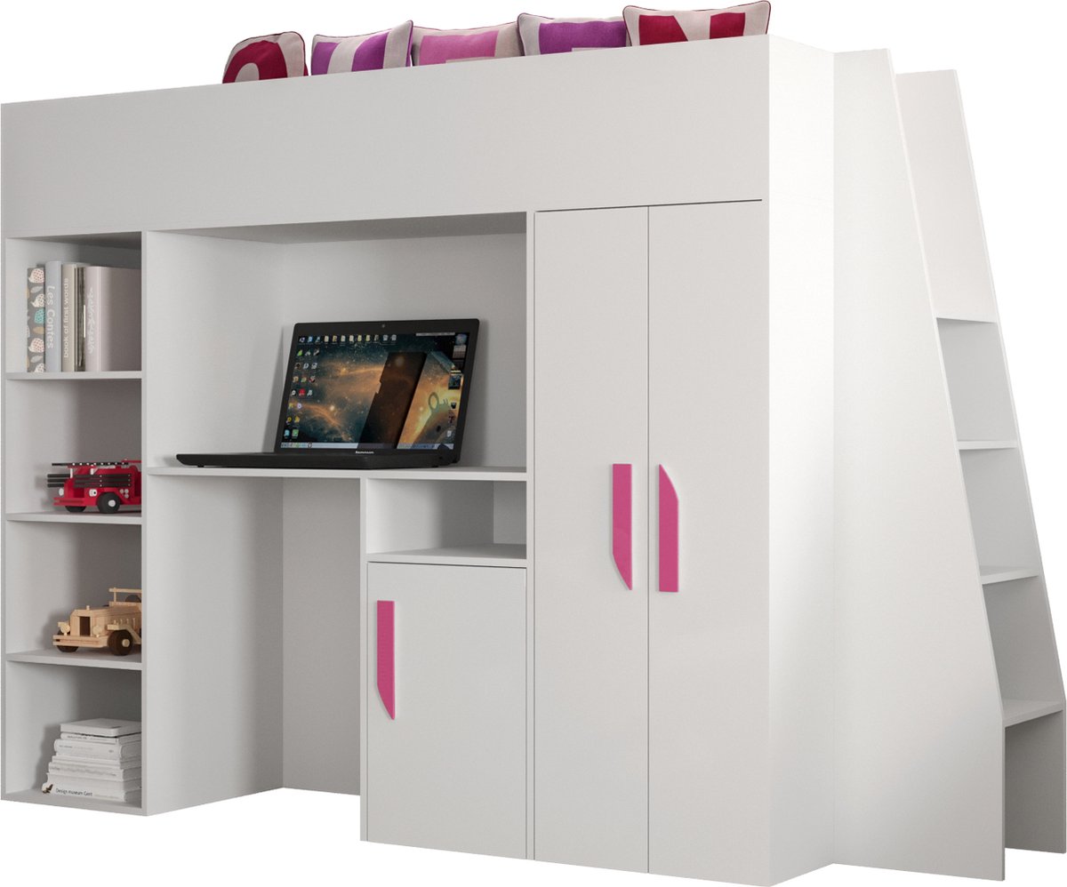 Stapelbed LECKLER 15 - Antresola - 90X200 cm - naar de Kinderkamer - Wit + Roze handvatten (zonder Matras)