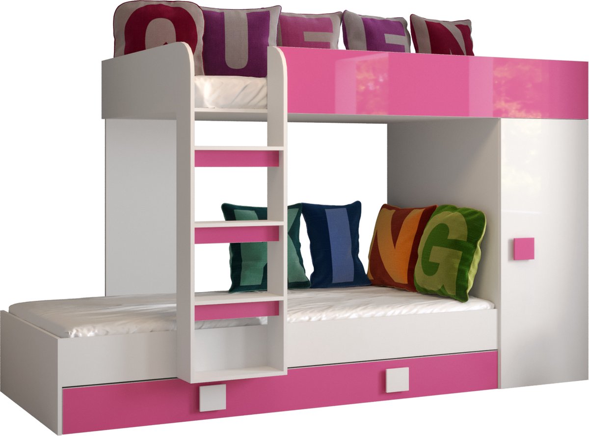 Stapelbed LEDO 2 - Antresola - 90X200 cm - naar de Kinderkamer - Wit + Roze (zonder Matras)