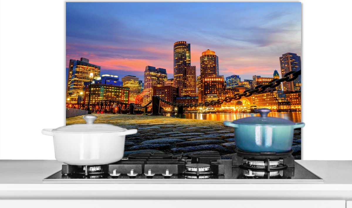 KitchenYeah Spatscherm keuken City Boston Skyline Amerika Licht Spatwand fornuis Achterwand keuken 80x55 cm Aluminium