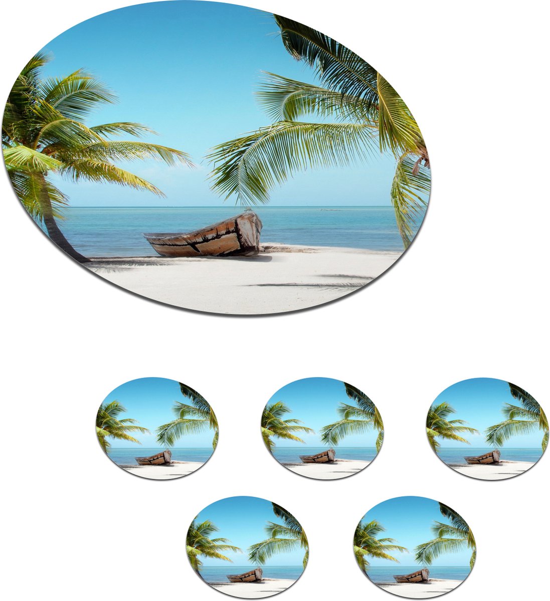 Onderzetters voor glazen - Rond - Palmboom - Boot - Strand - 10x10 cm - Glasonderzetters - 6 stuks