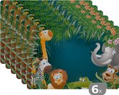 Placemat kinderen - Placemat - Placemats kunststof - Kleuren - Jungle dieren - Bladeren - Meisjes - Jongetjes - Kinderen - 45x30 cm - 6 stuks - Hittebestendig - Anti-Slip - Onderlegger - Afneembaar
