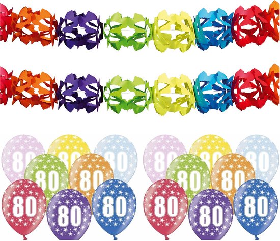 Partydeco 80 jaar feestartikelen pakket - 2x slingers en 12x ballonnen