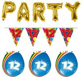 Folat - Verjaardag feestversiering 12 jaar PARTY letters en 16x ballonnen met 2x plastic vlaggetjes