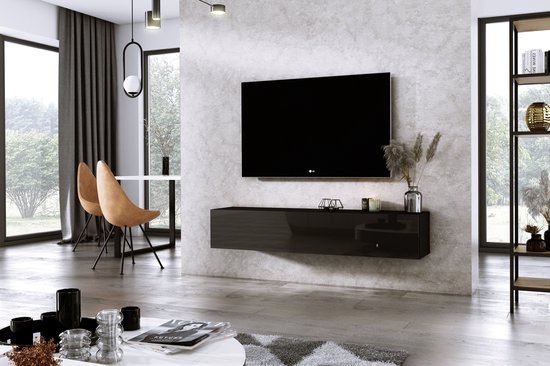 Meubel Square - TV meubel DIAMOND - Zwart / Hoogglans Zwart - 150cm -  Hangend TV Kast | bol.com