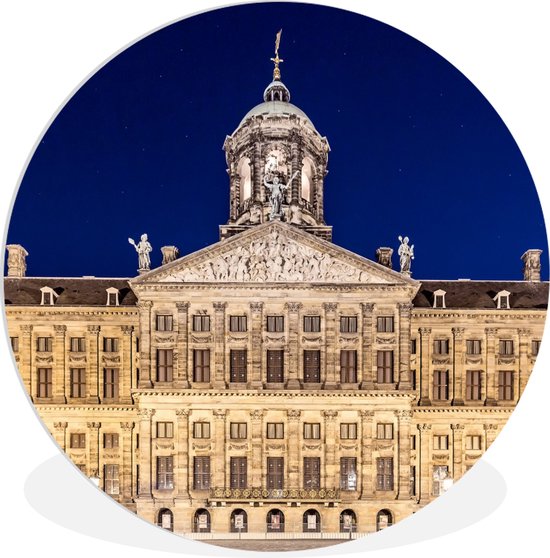 WallCircle - Wandcirkel ⌀ 30 - Het paleis op de Dam in de avond - Amsterdam - Ronde schilderijen woonkamer - Wandbord rond - Muurdecoratie cirkel - Kamer decoratie binnen - Wanddecoratie muurcirkel - Woonaccessoires