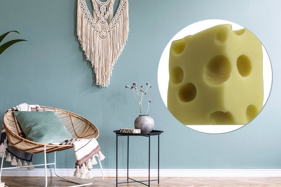 Bloc de fromage suisse avec trous sur fond blanc. Assiette en plastique cercle mural ⌀ 140 cm