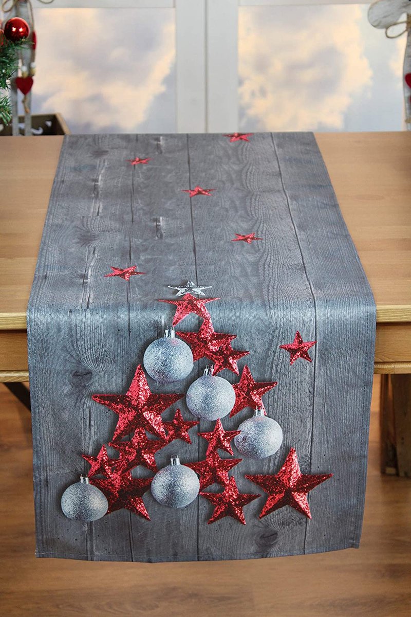 KAMACA Tafelloper RED Stars hoogwaardige print motief met kerstmotieven met lotuseffect VLEK BESCHERMING EEN sieraad voor de winter Kerstmis (Red Stars, tafelloper 40x140 cm)