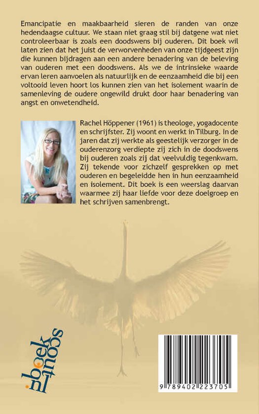 Achterkant van een boek met een portret van de auteur, Rachel Höppener, en een witte reiger.
