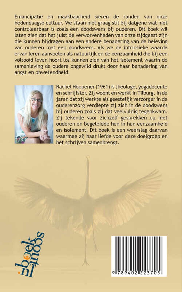 Achterkant van een boek met een portret van de auteur, Rachel Höppener, en een witte reiger.