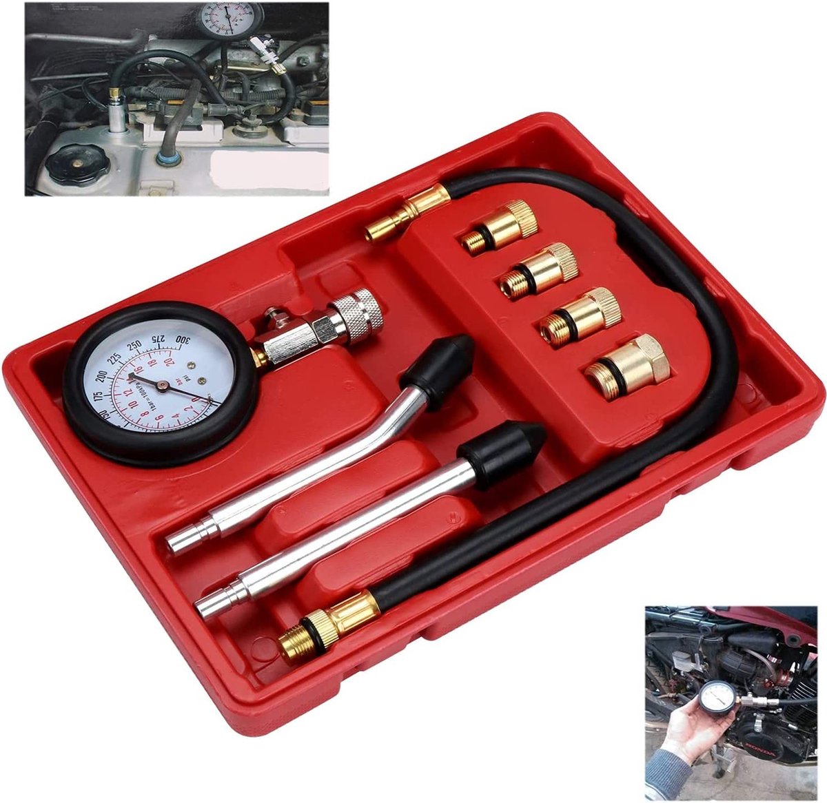 Kit testeur de compression compressiomètre pour moteur essence 0-20 bars ou  0-300 psi avec 4 adaptateurs + coffret