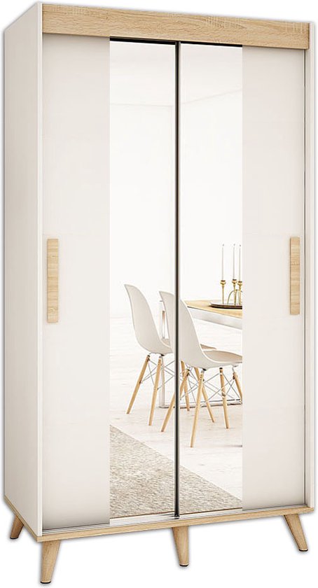 InspireMe – Kledingkast met 2 schuifdeuren, Modern stijl, beukenhout poten, Kledingkast met spiegel (BxHxD): 100x208x62 – SKADI T1 100 met 2 lades