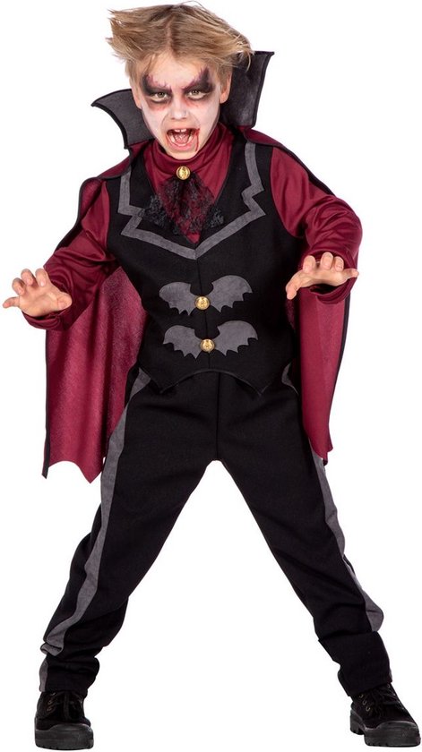 Wilbers & Wilbers - Vampier & Dracula Kostuum - Waker Van Het Nachtleven Vampier - Jongen - Rood, Zwart - Maat 128 - Halloween - Verkleedkleding