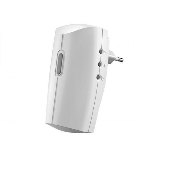 Witte deurbel met grijze knop en stekker aan de zijkant.