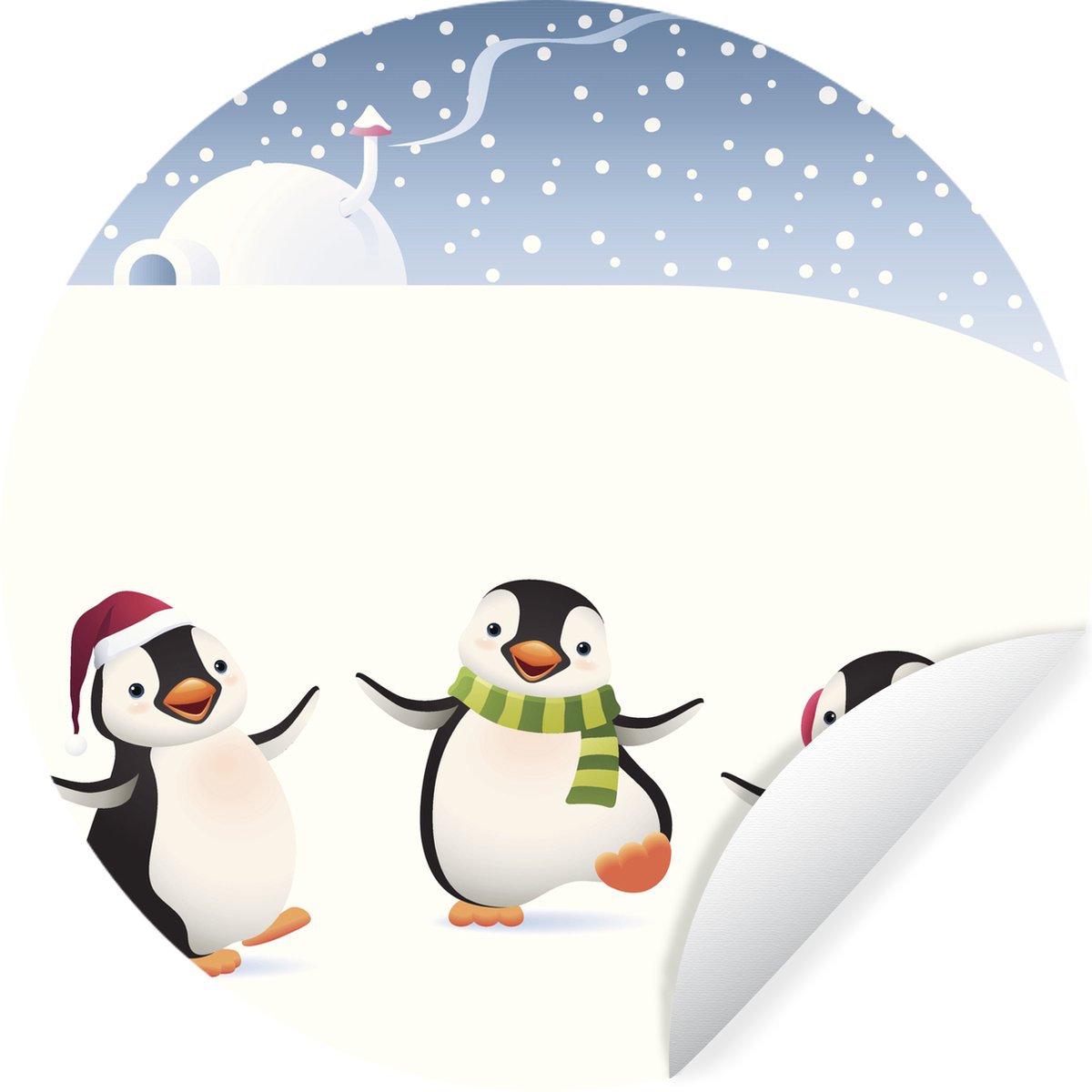 WallCircle Behangcirkel 140x140 cm - Muurstickers Illustratie met drie pinguïns die dansen in de sneeuw - Muurcirkel woonkamer - Wandcirkel slaapkamer - Kamer decoratie zelfklevend - Muurdecoratie accessoires multicolor