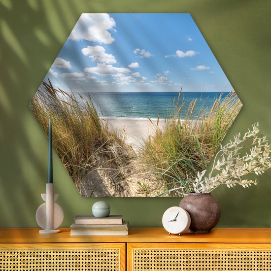 Décoration murale hexagonale - Décoration murale en plastique - Tableau hexagonal - Dune - Herbe - Mer - Plage - 120x103 cm