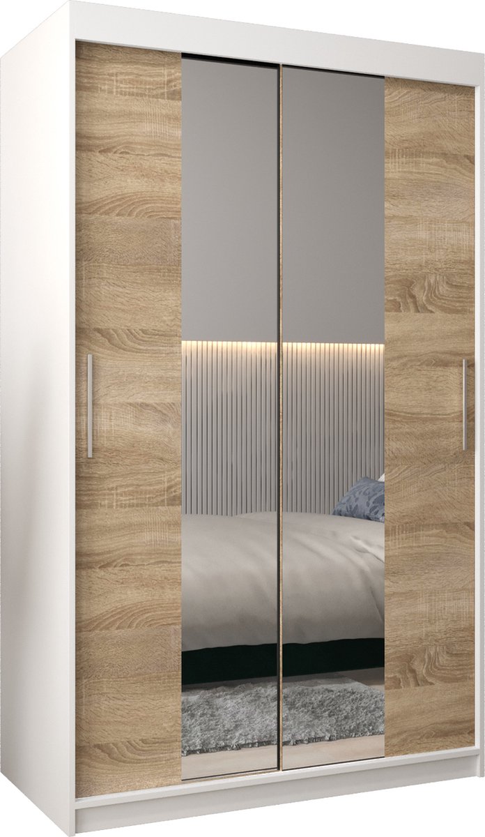 InspireME Kledingkast met 2 schuifdeuren, Modern-stijl, Kledingkast met planken (BxHxD): 120x200x62 - TORM I 120 Wit Mat + Sonoma Eik met 2 lades