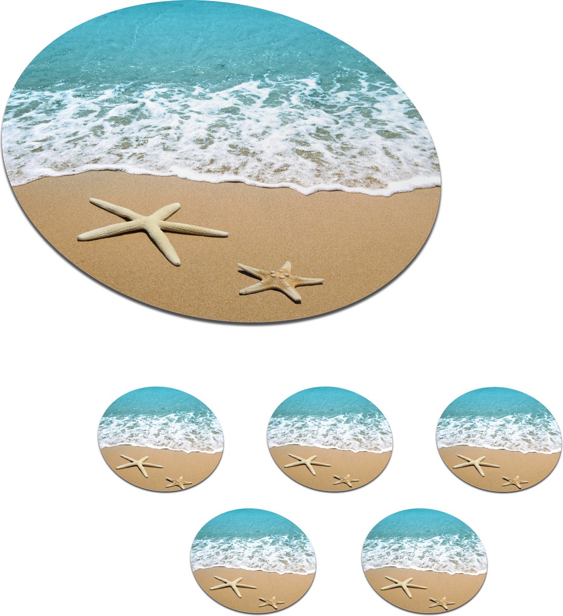 Onderzetters voor glazen - Rond - Zee - Strand - Zeester - 10x10 cm - Glasonderzetters - 6 stuks