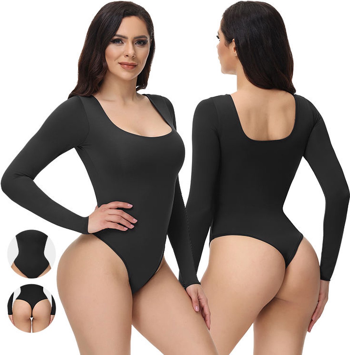 Wow Peach - Basic Seamless Bodysuit - Lange mouw - Stretchy - Licht Compressie - Zwart - Maat: XL