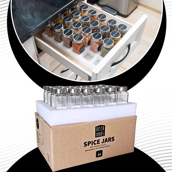 Kruidenpotjes, vierkant, set van 24, 120 ml, roestvrijstalen deksel, kruidenpotjes met zwarte Duitse en blanco etiketten, kruidenpotjes met strooiinzetstuk, kruidenstrooier glas, kruidenpotjes