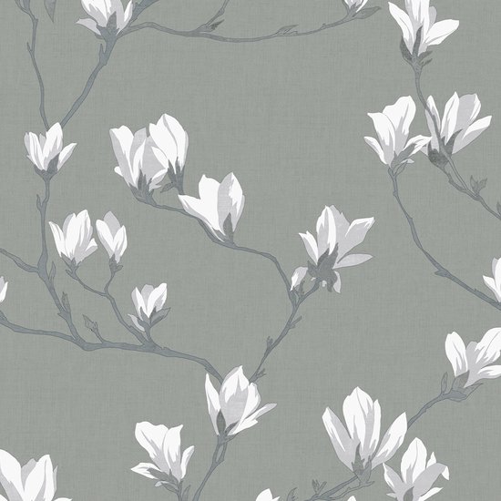 Laura Ashley Magnolia Grove Behang - Bloemen - 10mx52cm - Grijs