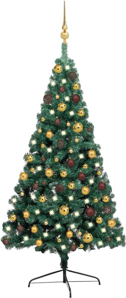 Prolenta Premium - Kunstkerstboom met LED's en kerstballen half 120 cm groen