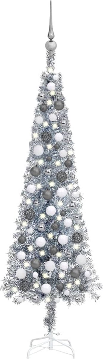 Prolenta Premium - Kerstboom met LED's en kerstballen smal 120 cm zilverkleurig
