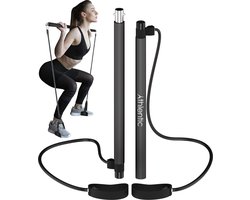 Athlentic® Pilates bar - Pilates stick - Fitness bar - Pilates stok - Fitness stick - Yoga stok - Fitness materiaal voor thuis - Weerstandsbanden - Resistance band set - Sport Elastiek Banden - Fitness Elastiek - Fitness + Trainingsschema Zwart