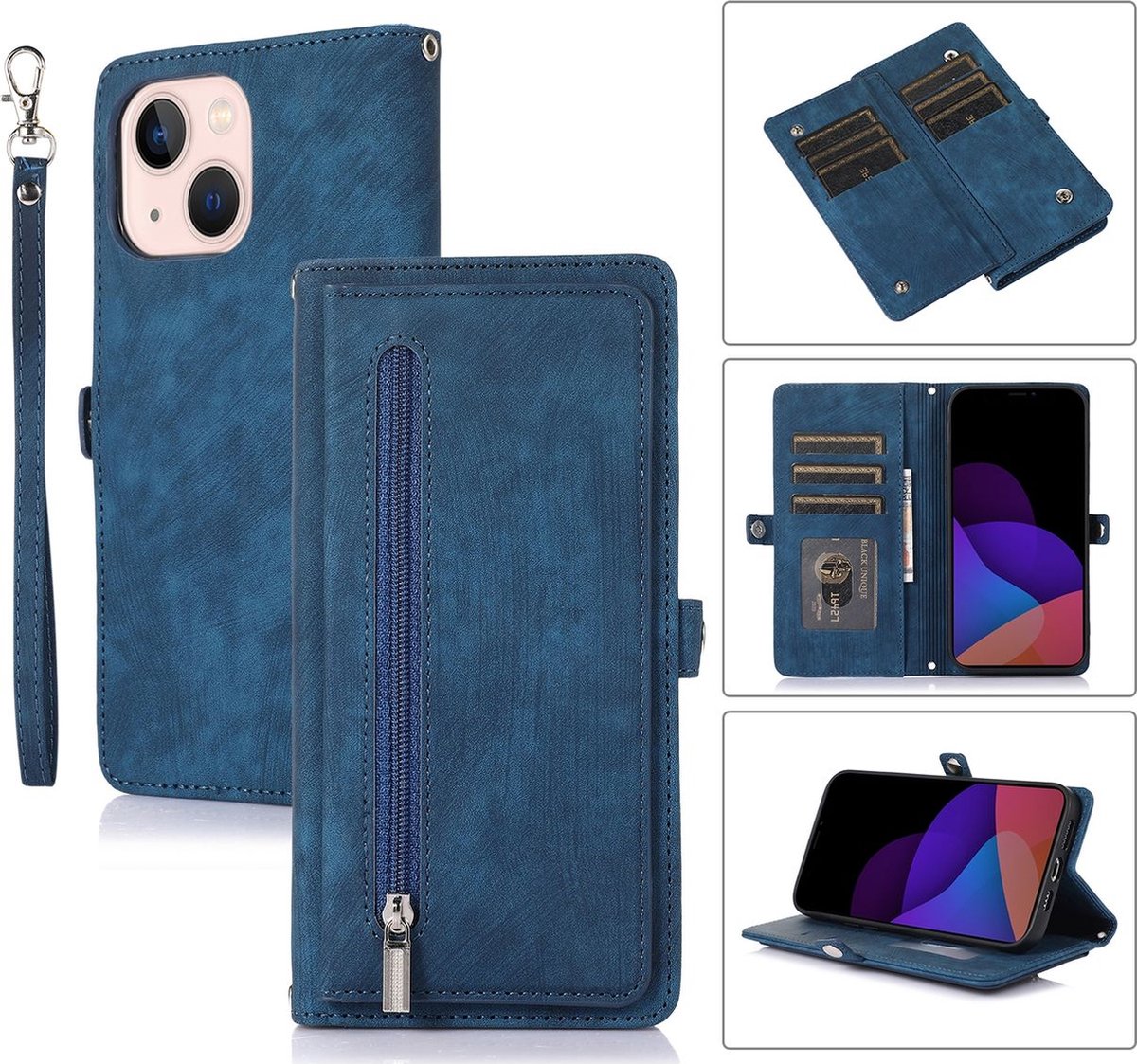 Mobigear Telefoonhoesje geschikt voor Apple iPhone 14 Hoesje | Mobigear Zipper Bookcase Portemonnee | Pasjeshouder voor 3 Pasjes | Telefoonhoesje voor Pinpas / OV Kaart / Rijbewijs - Blauw