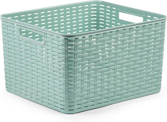 Set de 6 x boîtes de rangement / paniers de rangement en plastique vert menthe en rotin avec contenu 18 et 28 litres