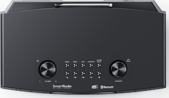 Topaanzicht van een zwart SmartRadio apparaat met draaiknoppen, bedieningsknoppen en antenne.