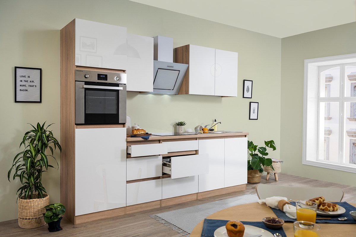 Goedkope keuken 270 cm - complete keuken met apparatuur Lorena - Eiken/Wit - soft close - keramische kookplaat - afzuigkap - oven - spoelbak