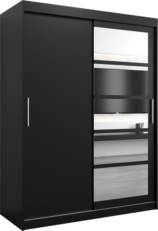 InspireMe - Kledingkast met 2 schuifdeuren, Modern-stijl, Een kledingkast met planken en een spiegel (BxHxD): 150x200x62 - VENEZIA I 150 Zwart Mat