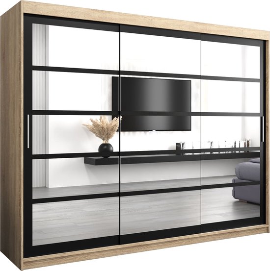 InspireMe - Kledingkast met 3 schuifdeuren, Modern-stijl, Een kledingkast met planken en een spiegel (BxHxD): 250x200x62 - VENEZIA II 250 Sonoma Eik + Zwart Mat