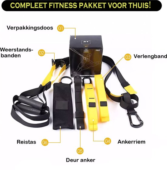 MJ Sports Premium TRX Suspension Trainer - Complete TRX Training set - Resistance Band - Weerstandsbanden - Calisthenics - Full Body Workout - Inclusief Draagtas - Fitness - Zwart/Geel