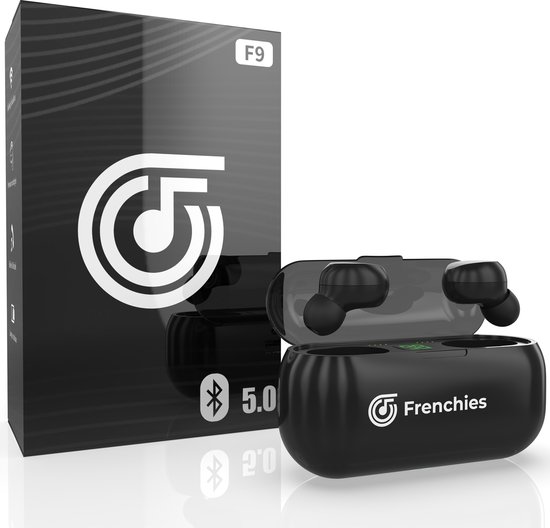 Frenchies® Volledig Draadloze Oordopjes - Bluetooth Oordopjes - Draadloze Oortjes - Wireless Earbuds - In-ear Oordopjes Met Oplaadcase - Regen- en Zweetbestendig - Geschikt voor Apple en Android - Zwart