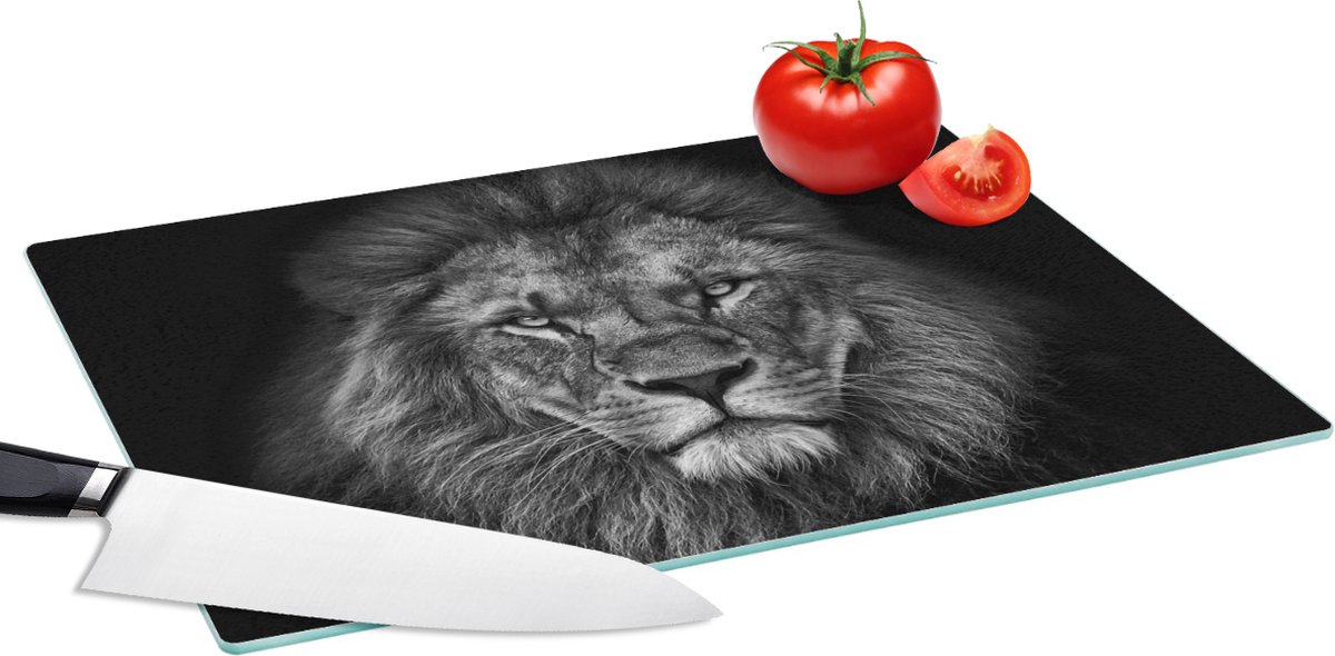 Glazen Snijplank - 39x28 - Leeuw - Dieren - Zwart - Wit - Snijplanken Glas