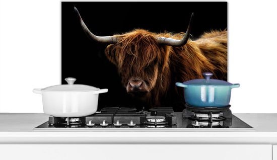 Spatscherm keuken 70x50 cm - Kookplaat achterwand Schotse Hooglander - Horens - Zwart - Dieren - Natuur - Wild - Koe - Muurbeschermer - Spatwand fornuis - Hoogwaardig aluminium - Alternatief voor glazen spatscherm