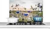 Spatscherm keuken 80x55 cm - Kookplaat achterwand Bloemen - Zomer - Korenbloem - Blauw - Zon - Wolken - Muurbeschermer - Spatwand fornuis - Hoogwaardig aluminium