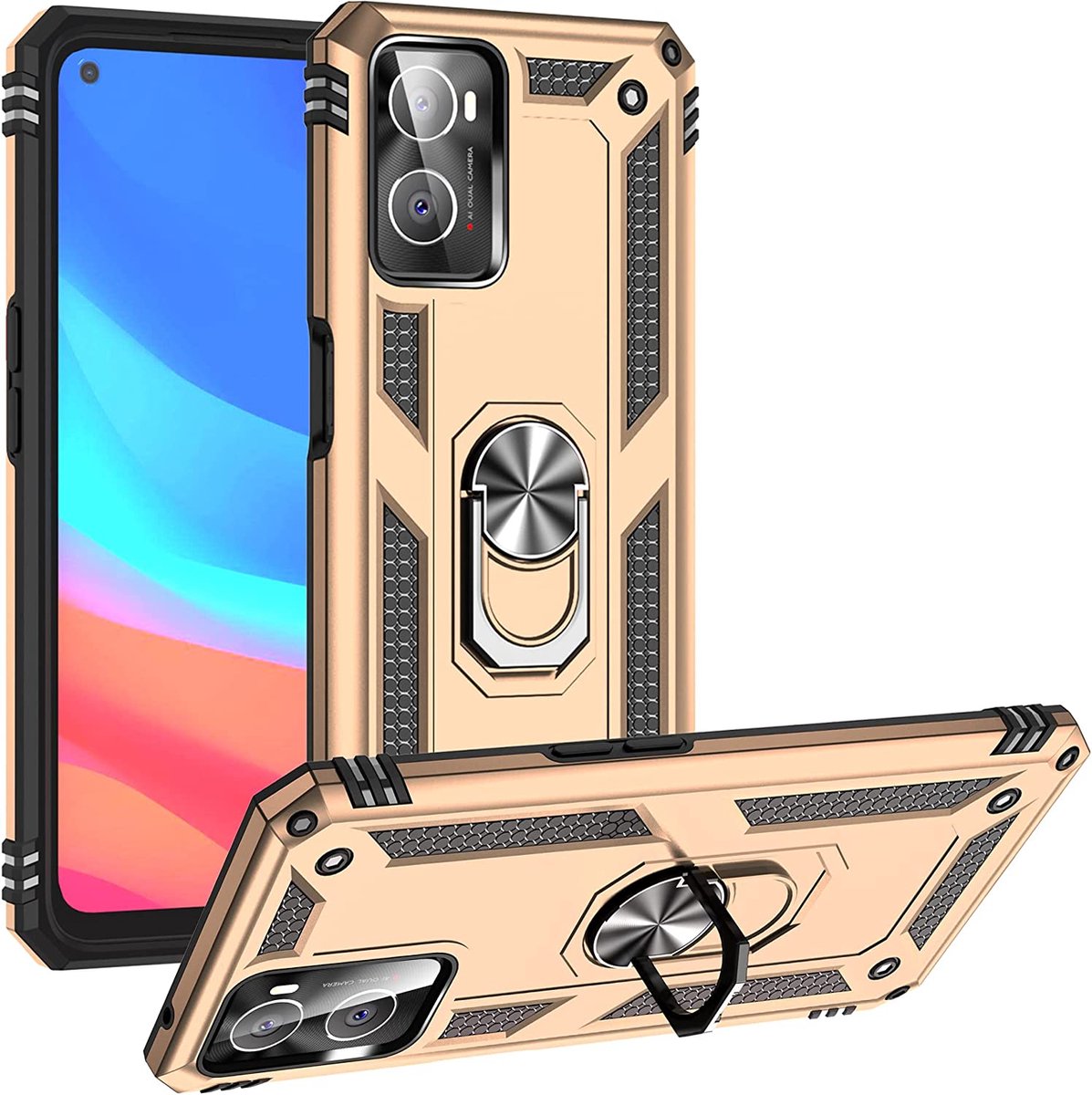 Anti-Shock Hybrid Ring Armor Hoesje Geschikt voor: Oppo A76 - goud