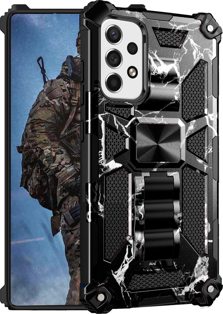 Hoesje Geschikt Voor Samsung Galaxy A52 hoesje rugged extreme backcover met ring houder Camouflage Marmer - Zwart