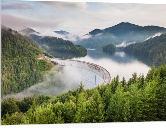 WallClassics - Plaque de Mousse PVC - Barrage entre Montagnes et Forêts - 100x75 cm Photo sur Plaque de Mousse PVC (Avec Système d'accrochage)