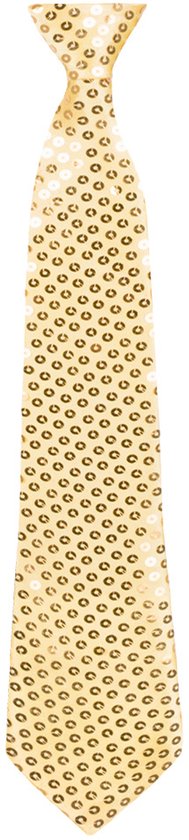 Een enkele, lange, gouden glitterstropdas op een witte achtergrond.