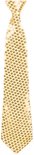 Een enkele, lange, gouden glitterstropdas op een witte achtergrond.