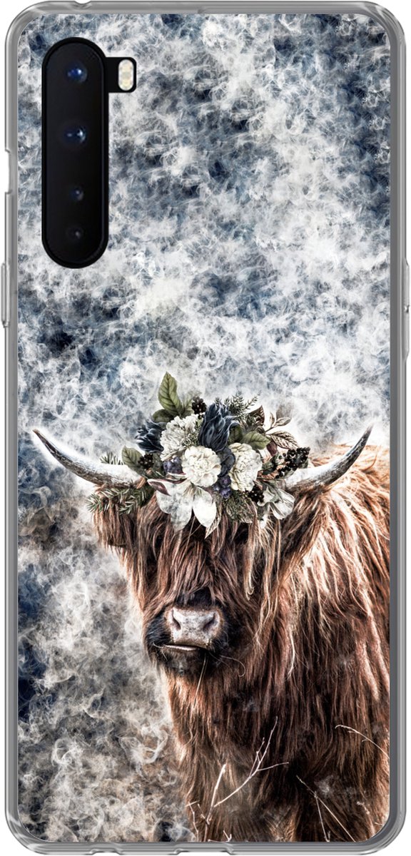 Telefoonhoesje Geschikt voor OnePlus Nord hoesje - Schotse hooglander - Rook - Bloemen - Siliconen Telefoonhoesje Telefoonhoesje