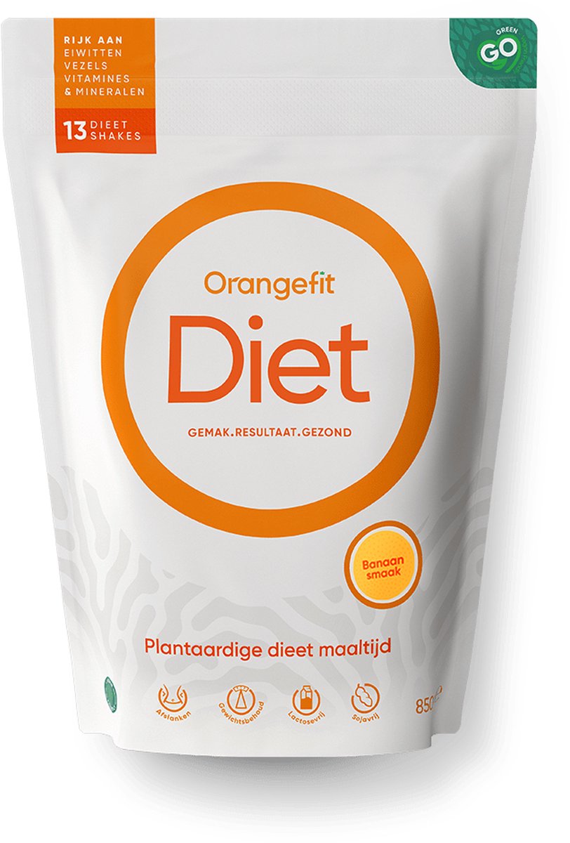 Goedkoopste Orangefit Diet Vegan Afslankshake - Maaltijdvervanger / Maaltijdshake - Afvallen & Diëten - 850g (13 shakes) - Banaan - Nr 1 Consumentenbond